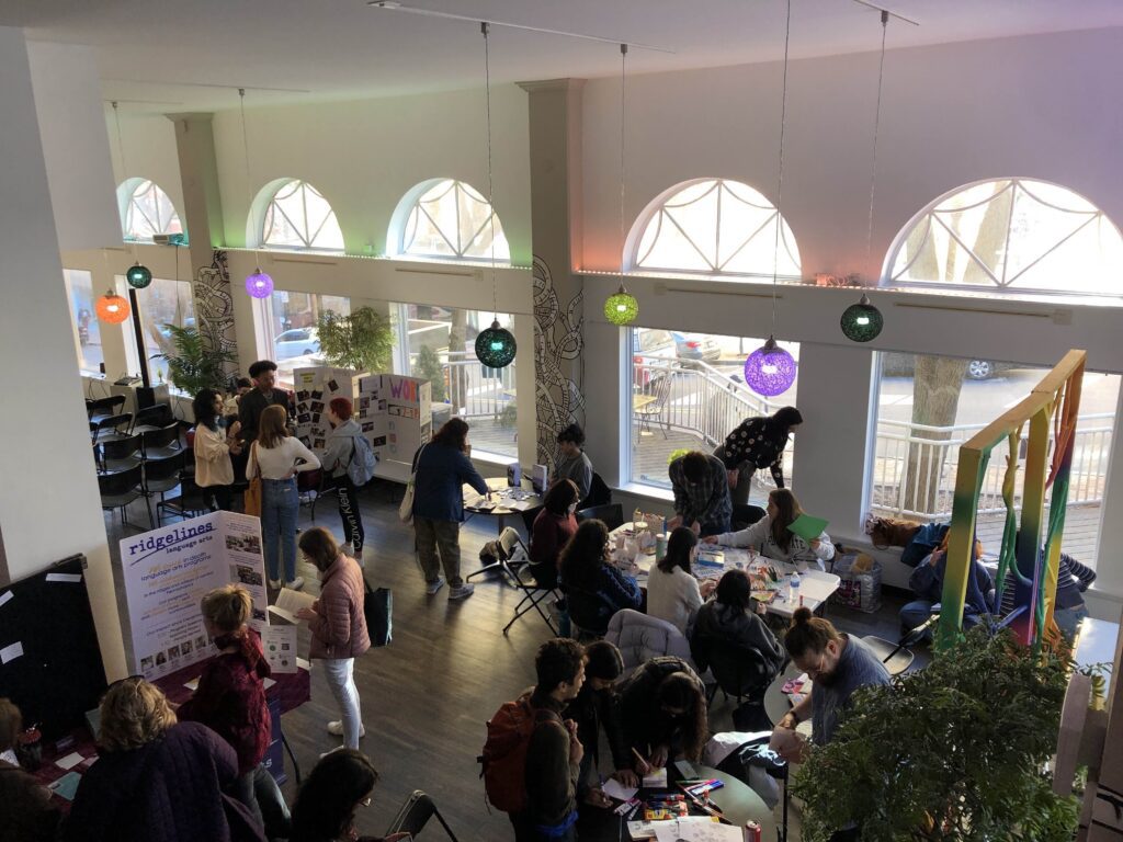Looking down from above across the Poetry Fest gathering
