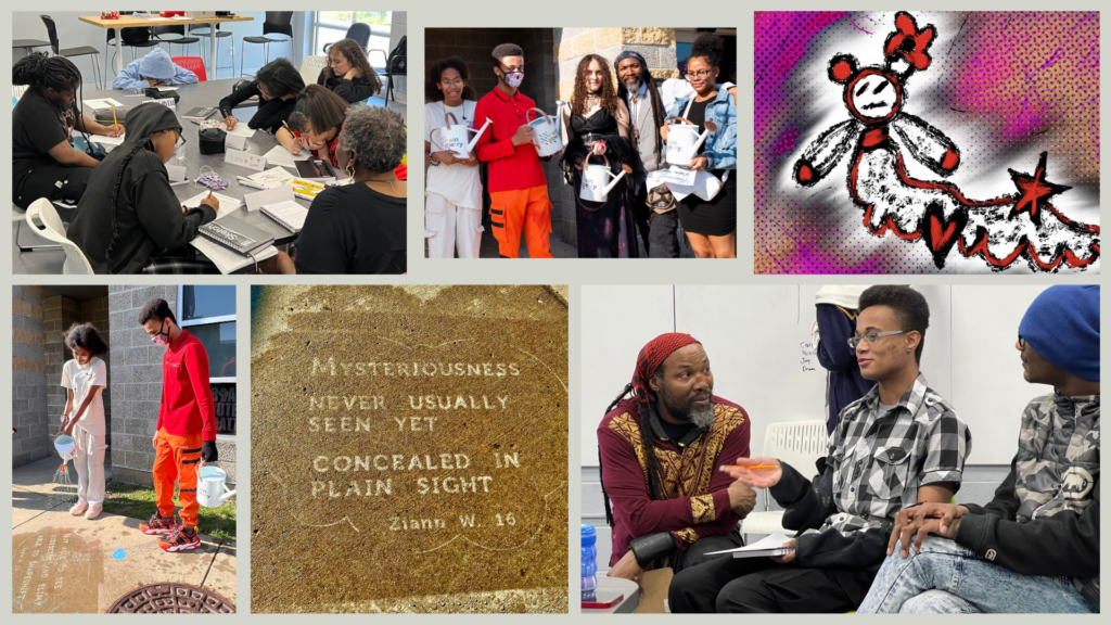 A collage that includes teens during a Rain Poetry writing workshop, at the special reveal celebration, a photo of a haiku poem installed on the ground in paint that only appears when wet, and a cryptid designed by one of the students