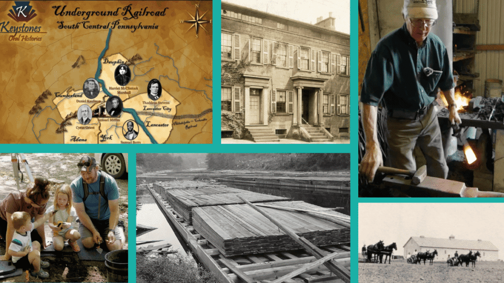 The cover image is a collage featuring screenshots from the various video projects, including historic homes, an old mill, a family with young children engaged in an archaeology dig, and an old photo of horses in a field with an old barn.