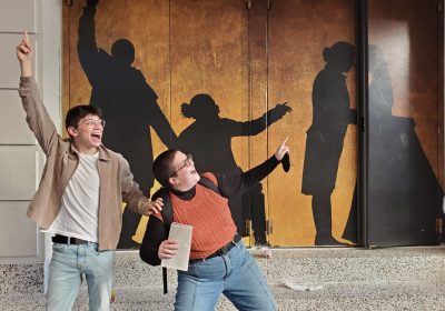Miguel Salvador, left, and Anna Skeels pose outside the Richard Rodgers Theater in New York City. PA Humanities hosted an educational experience that included tickets to the musical "Hamilton" and a private Q&A with cast members after the show.