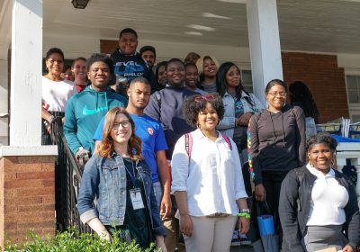 TEEN READING LOUNGE PARTICIPANTS FROM WEST PHILADELPHIA HIGH SCHOOL GATHERED AT THE PAUL ROBESON HOUSE FOR AN END-OF-PROGRAM CELEBRATION.