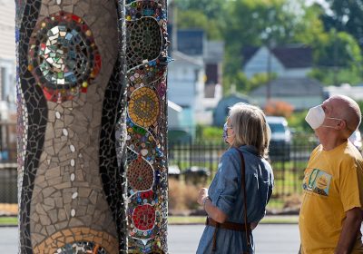 "LADY OF LIGHT" MOSAIC PILLARS AT THE PAJAMA FACTORY IN WILLIAMSPORT. PHOTO CREDIT: RICK MASON PHOTOGRAPHY