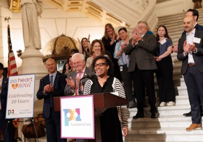 Meadville Mayor Jamie Kinder addresses the crowd gathered at the State Capitol in Harrisburg to celebrate the 10-year anniversary of Community Heart & Soul in Pennsylvania in May 2025. Kinder credits her participation in PA Heart & Soul with her entry into civic engagement and service.