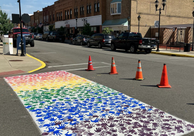 One of two crosswalks in downtown Ambridge that now feature the handprints of community members.