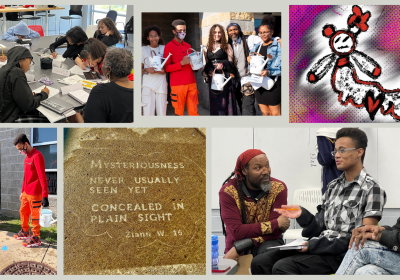 A collage that includes teens during a Rain Poetry writing workshop, at the special reveal celebration, a photo of a haiku poem installed on the ground in paint that only appears when wet, and a cryptid designed by one of the students